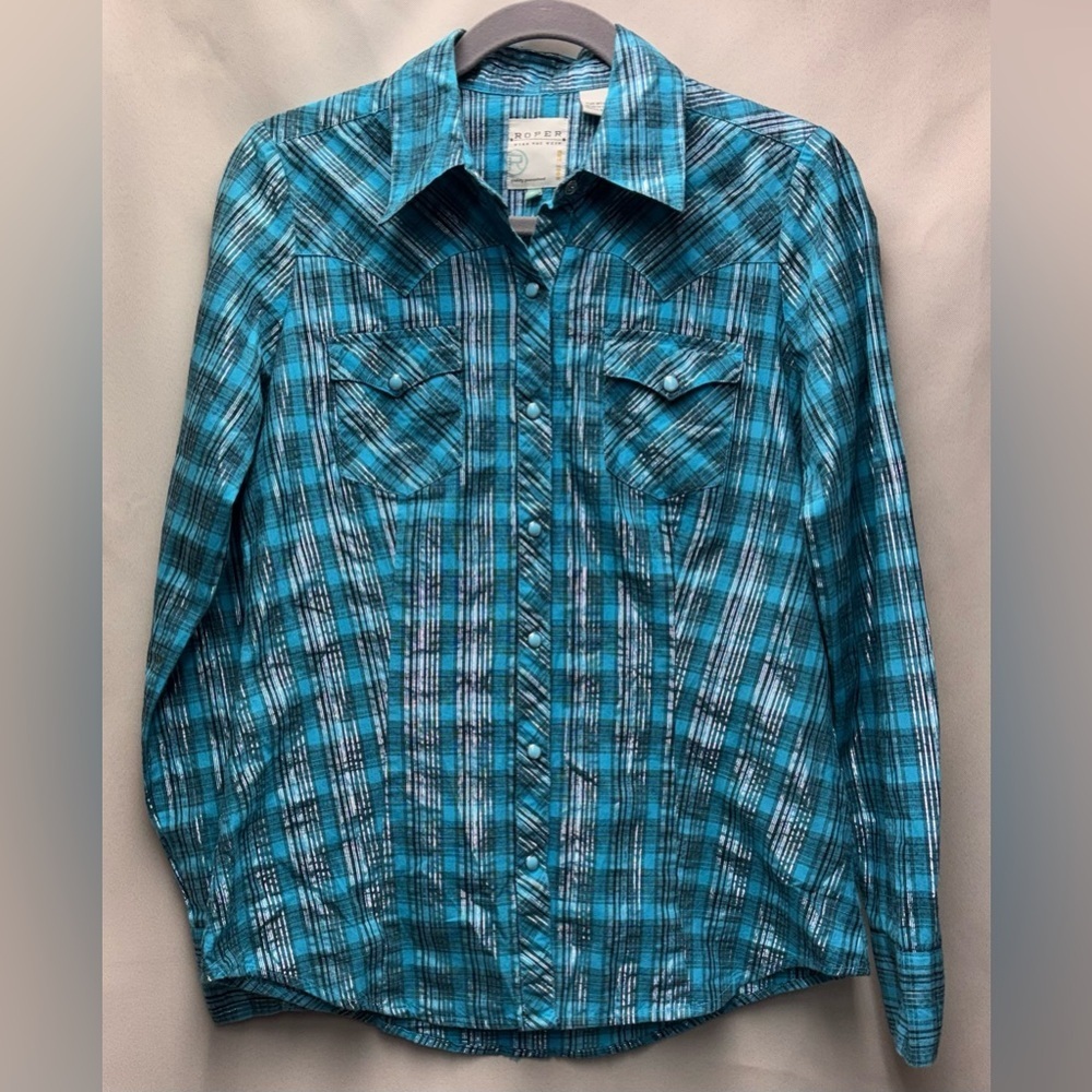 Vintage Roper Teal and bBlack plaid Western-style pearl snap shirt Size Medium